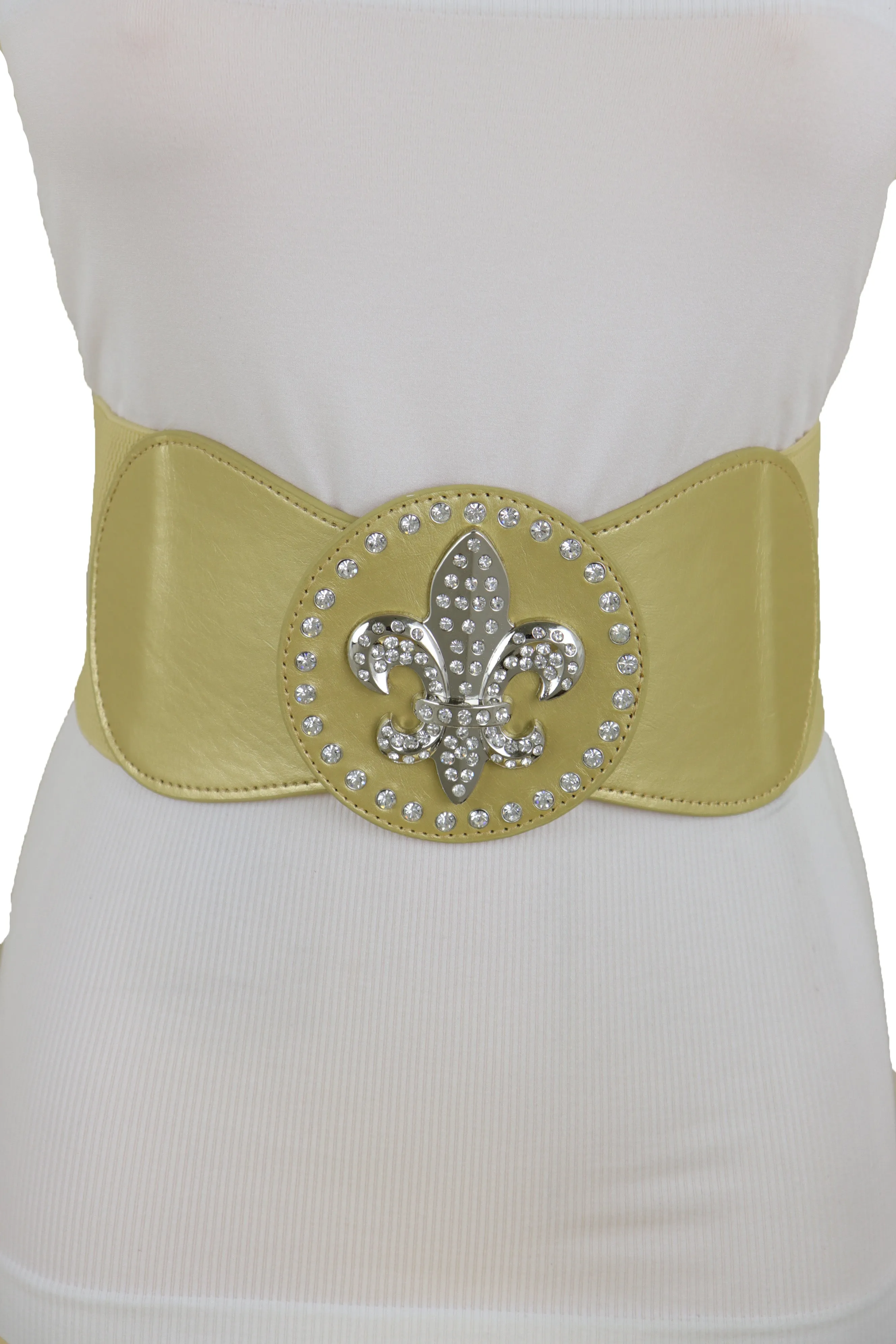 Gold Elastic Corset Fashion Belt Hip Waist Fleur De Lis Lily Flower S M